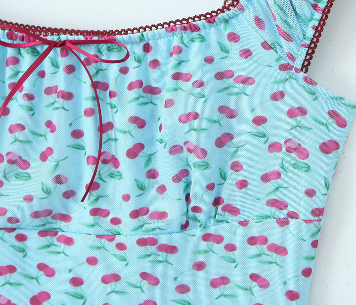 Kian Blue Cherry Print Square Collar Sleeveless Mini Dress