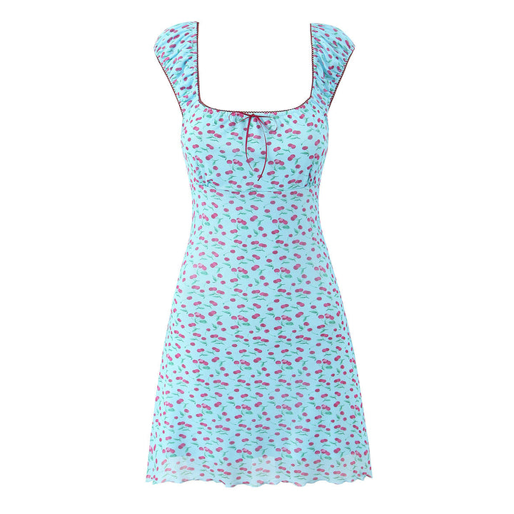 Kian Blue Cherry Print Square Collar Sleeveless Mini Dress