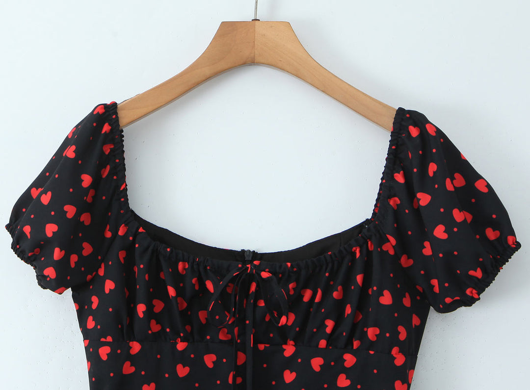 Porter Black  Square Collar Sleeveless Floral Print Front Lace Up Side Slit Mini Dress