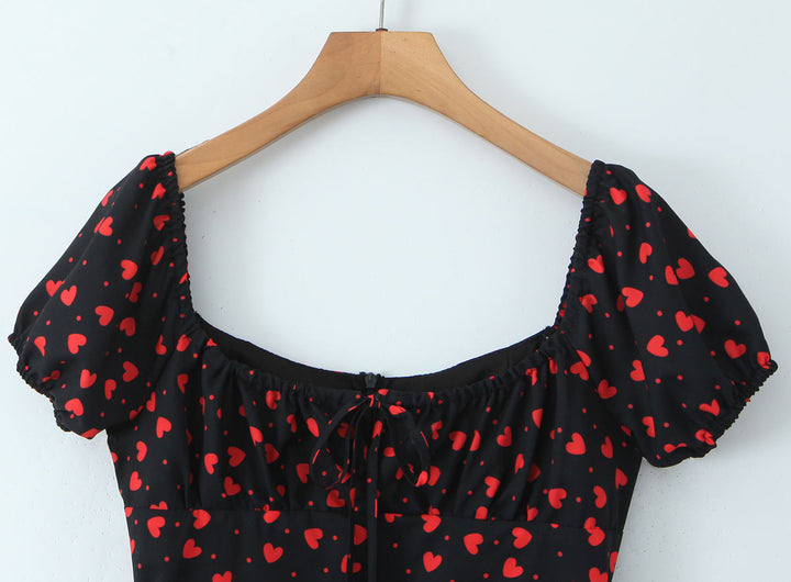 Porter Black  Square Collar Sleeveless Floral Print Front Lace Up Side Slit Mini Dress