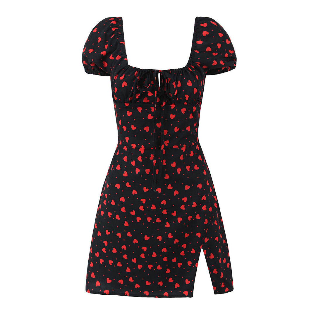 Porter Black  Square Collar Sleeveless Floral Print Front Lace Up Side Slit Mini Dress