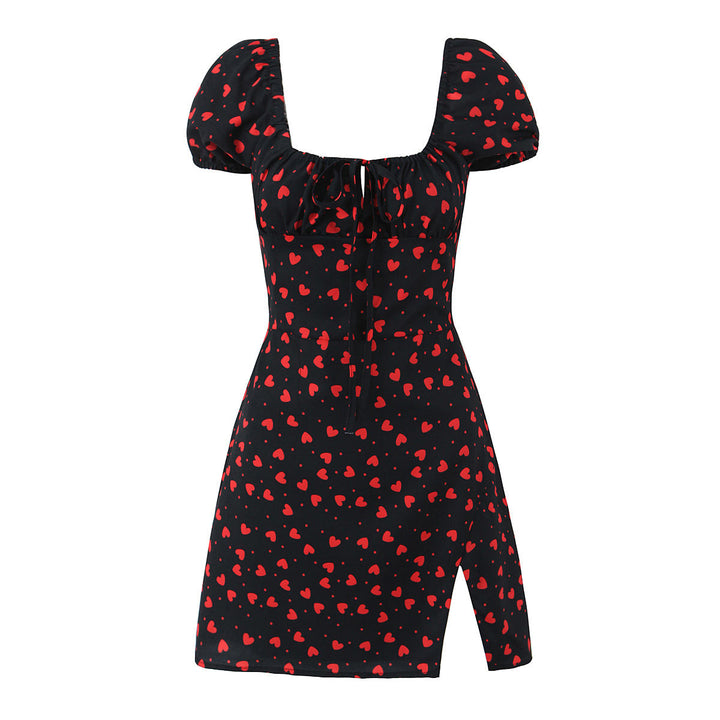 Porter Black  Square Collar Sleeveless Floral Print Front Lace Up Side Slit Mini Dress