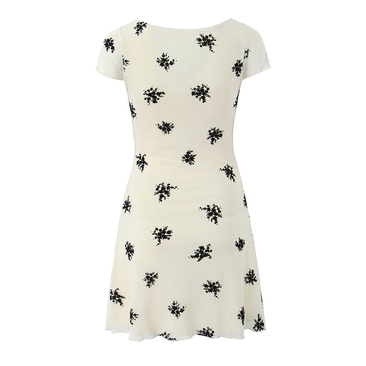 Reed Beige Floral Print Front Lace Up Square Collar Sleeveless Mini  Dress