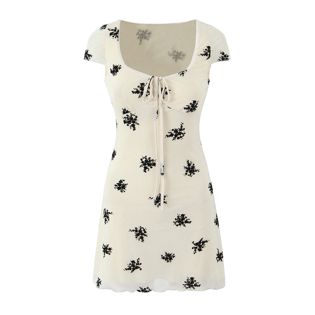 Reed Beige Floral Print Front Lace Up Square Collar Sleeveless Mini  Dress