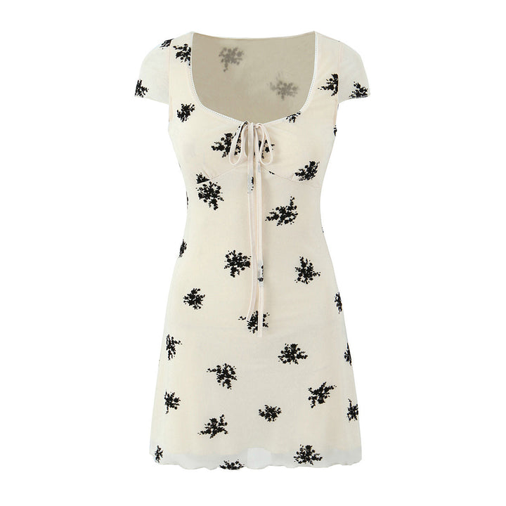 Reed Beige Floral Print Front Lace Up Square Collar Sleeveless Mini  Dress