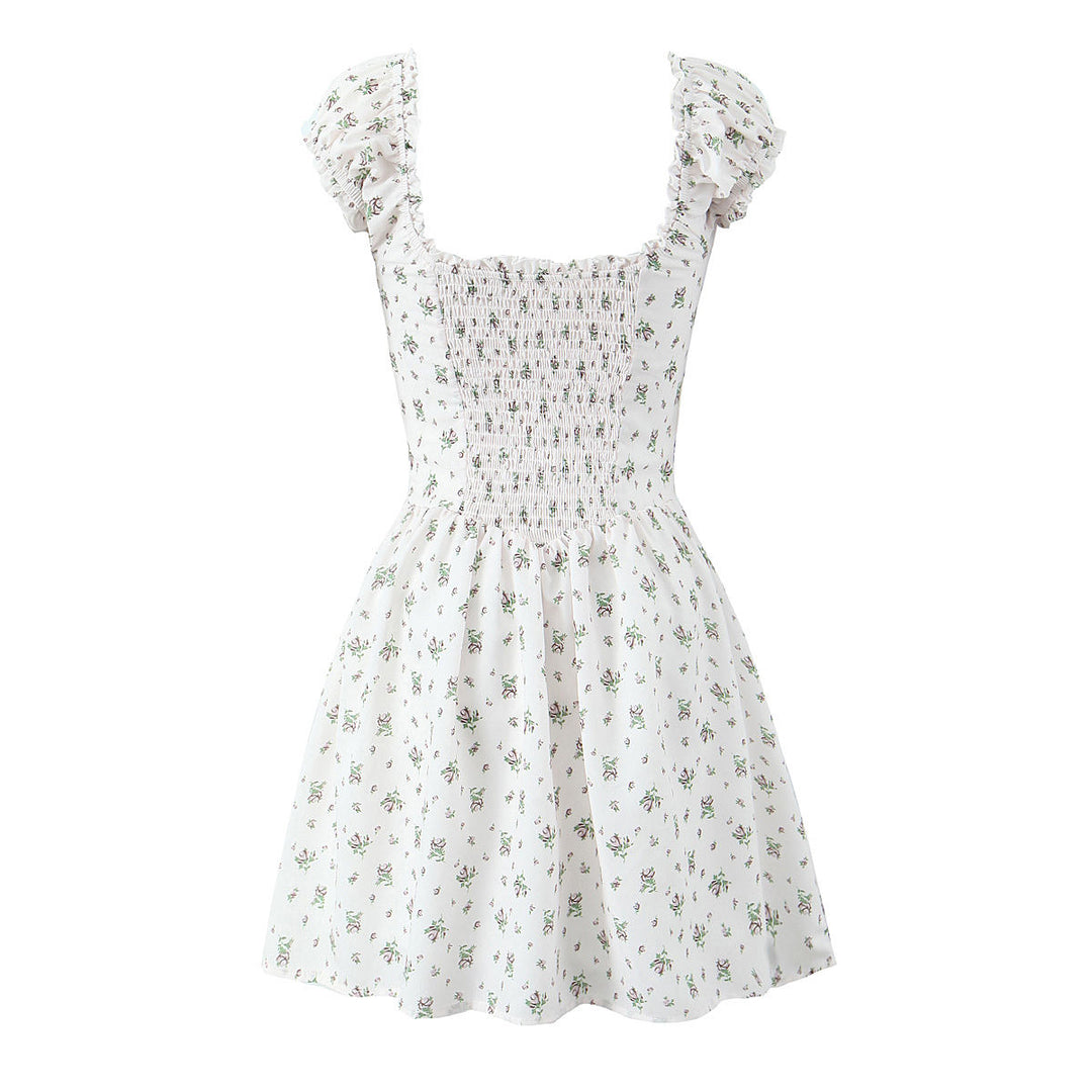 Grady White Floral Short Sleeve Square Collar Smocked Back Mini Dress