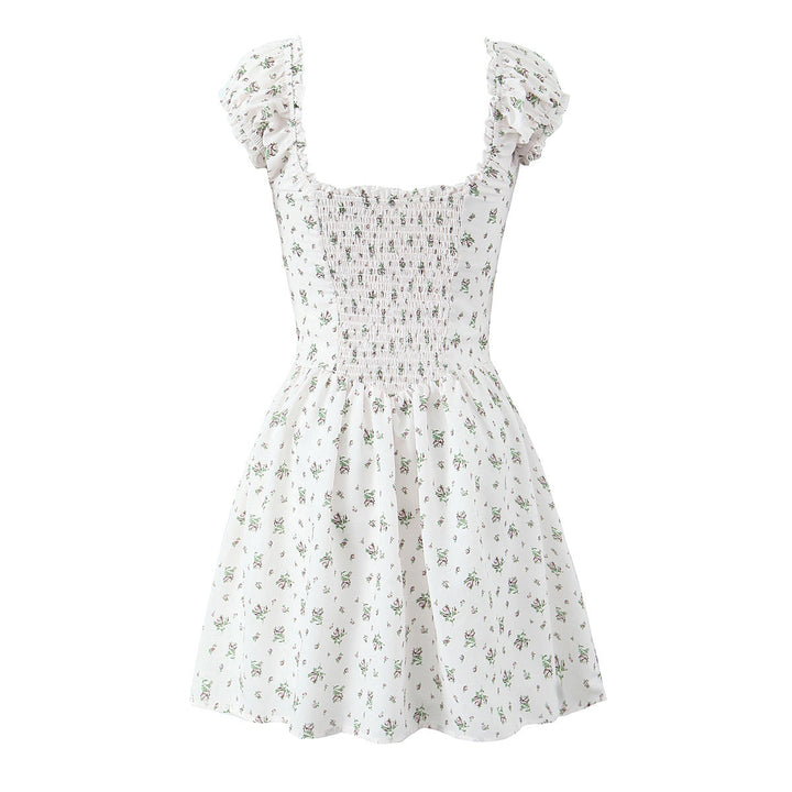 Grady White Floral Short Sleeve Square Collar Smocked Back Mini Dress