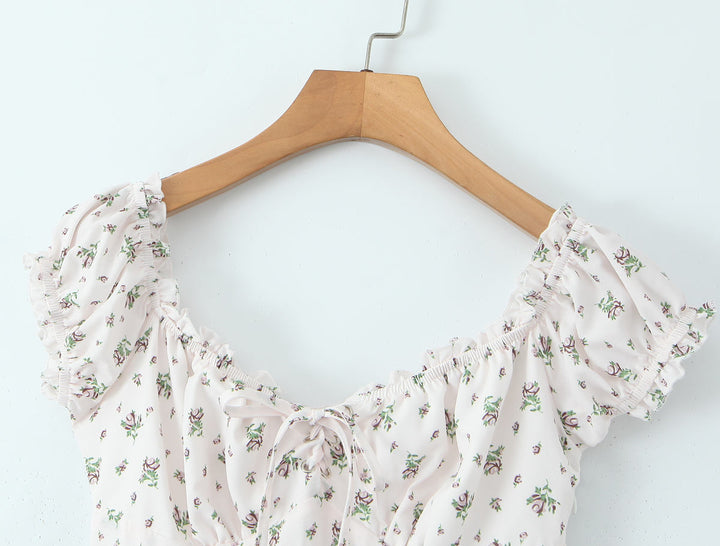 Grady White Floral Short Sleeve Square Collar Smocked Back Mini Dress