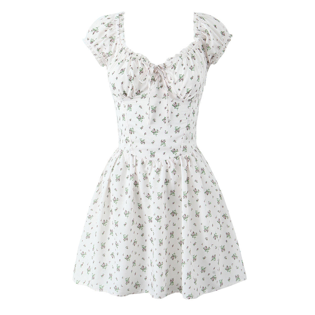Grady White Floral Short Sleeve Square Collar Smocked Back Mini Dress