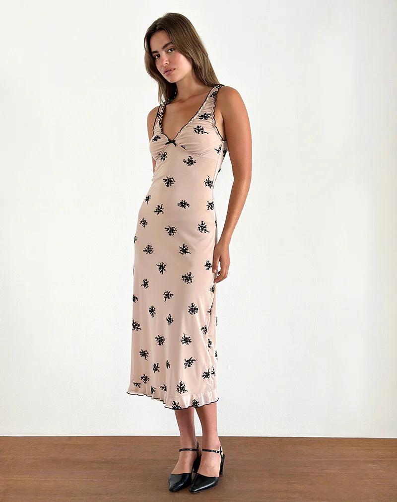 Dalton Beige Floral Mesh Print Sleeveless Midi  Dress