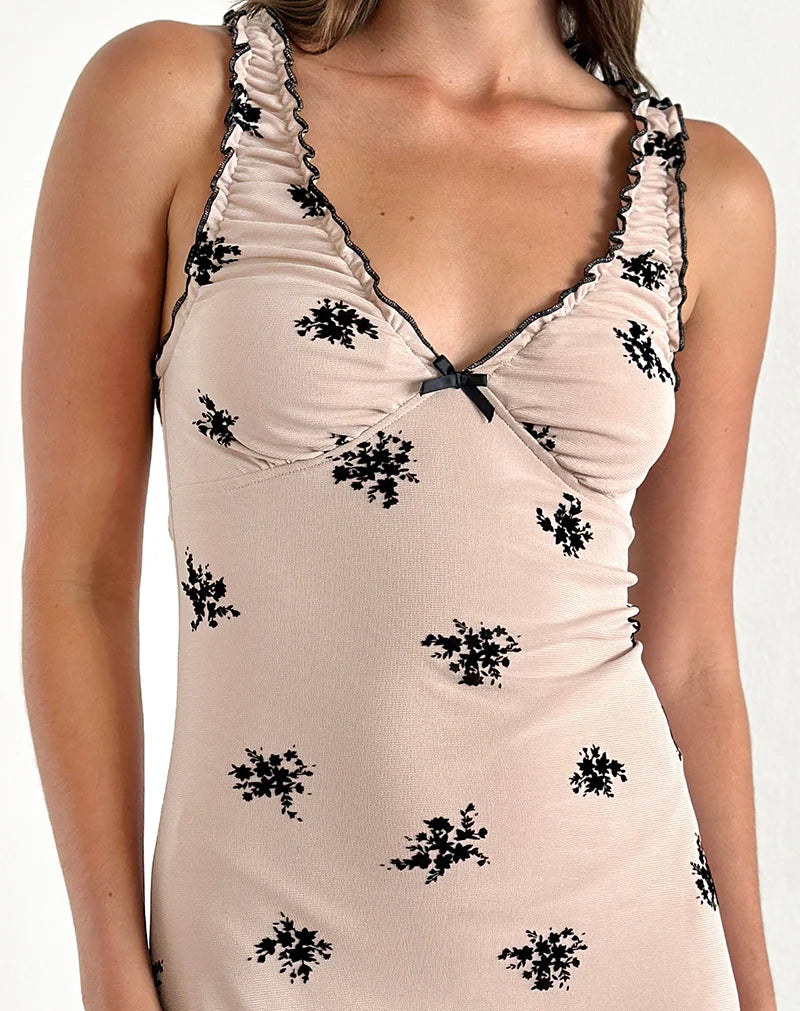 Dalton Beige Floral Mesh Print Sleeveless Midi  Dress