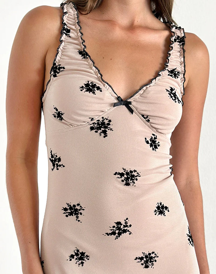 Dalton Beige Floral Mesh Print Sleeveless Midi  Dress