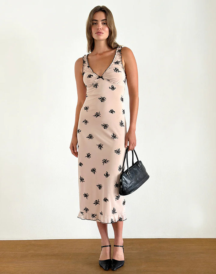 Dalton Beige Floral Mesh Print Sleeveless Midi  Dress