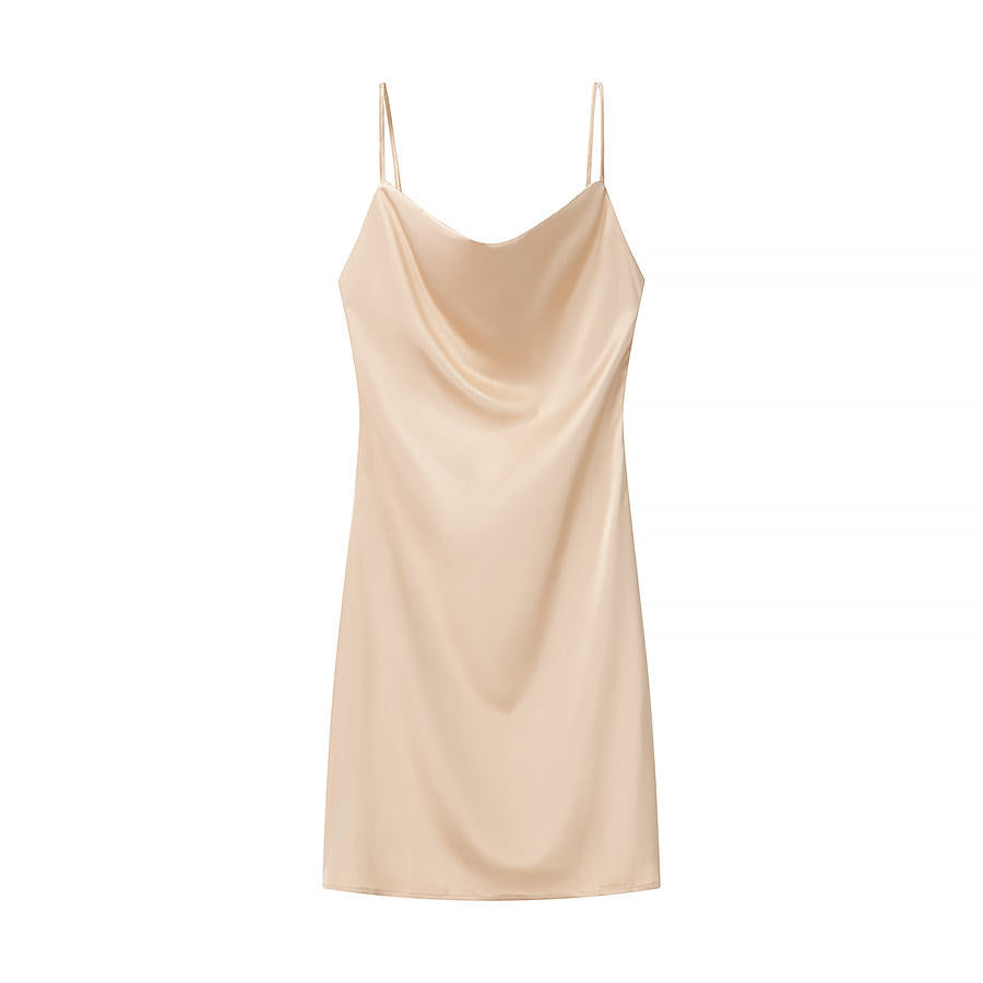 Keegan Beige Cowl Neck Satin  Sleeveless Mini Dress