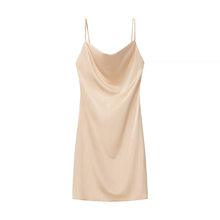 Keegan Beige Cowl Neck Satin  Sleeveless Mini Dress
