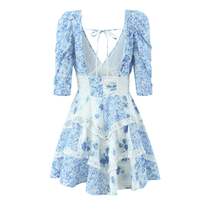 Lane Blue Floral Deep V Neck Back Hollow Out  Mini Dresses