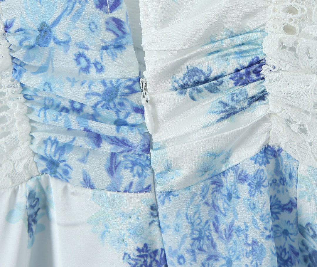 Lane Blue Floral Deep V Neck Back Hollow Out  Mini Dresses