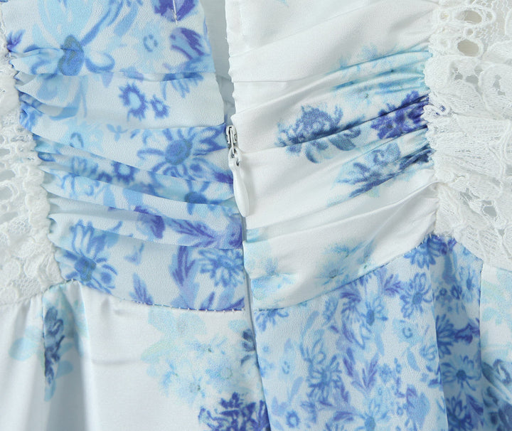 Lane Blue Floral Deep V Neck Back Hollow Out  Mini Dresses