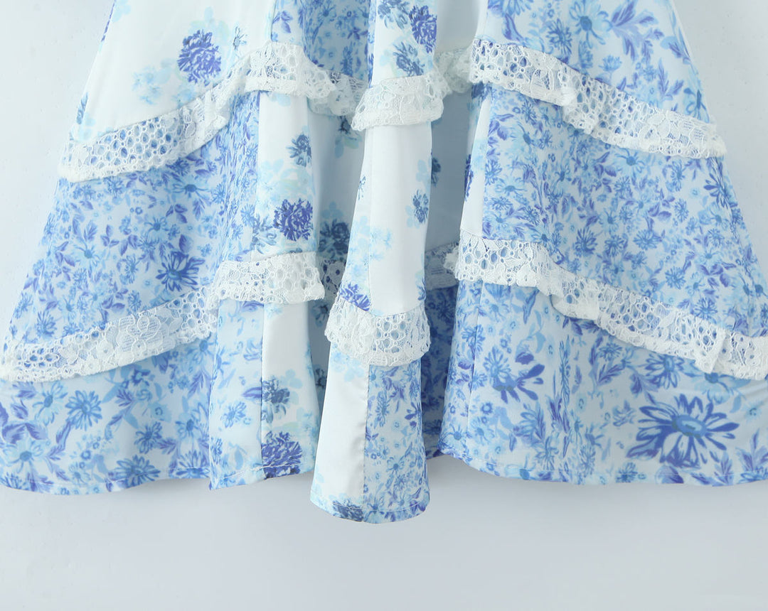 Lane Blue Floral Deep V Neck Back Hollow Out  Mini Dresses