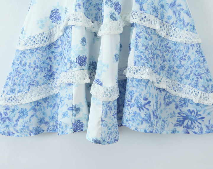 Lane Blue Floral Deep V Neck Back Hollow Out  Mini Dresses