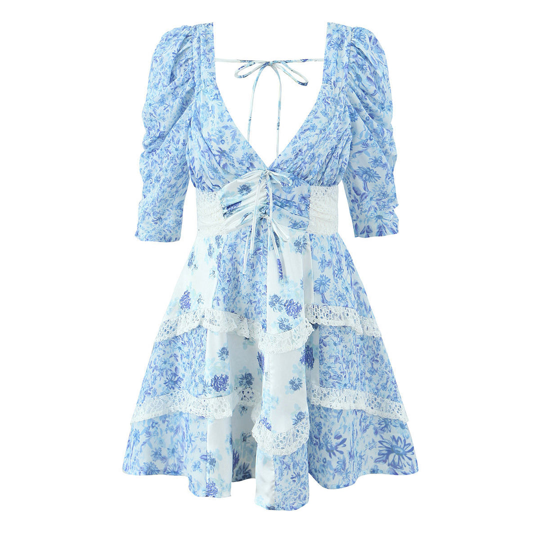 Lane Blue Floral Deep V Neck Back Hollow Out  Mini Dresses