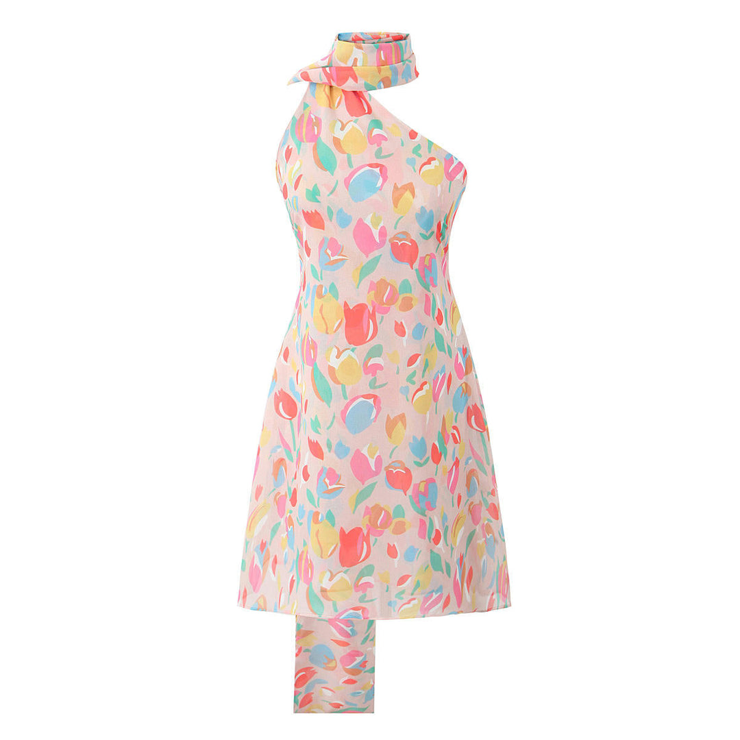 Iker Multicolor Floral Asymmetrical Halter Neck Mini Dresses