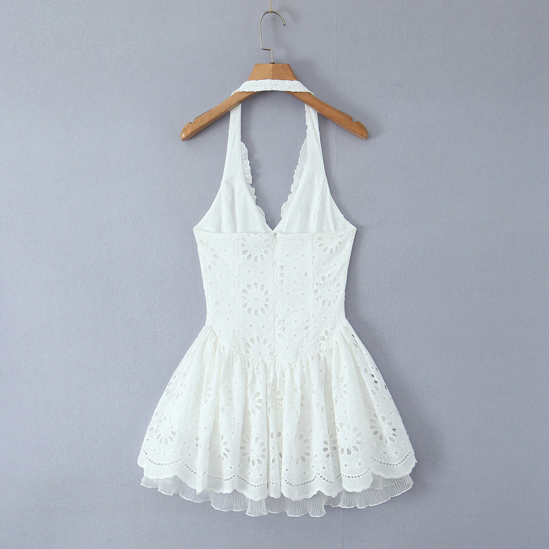 Holden Back Hollow Out White Embroidery Eyelet Sleeveless Halter Mini Dress