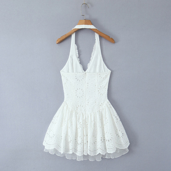 Holden Back Hollow Out White Embroidery Eyelet Sleeveless Halter Mini Dress