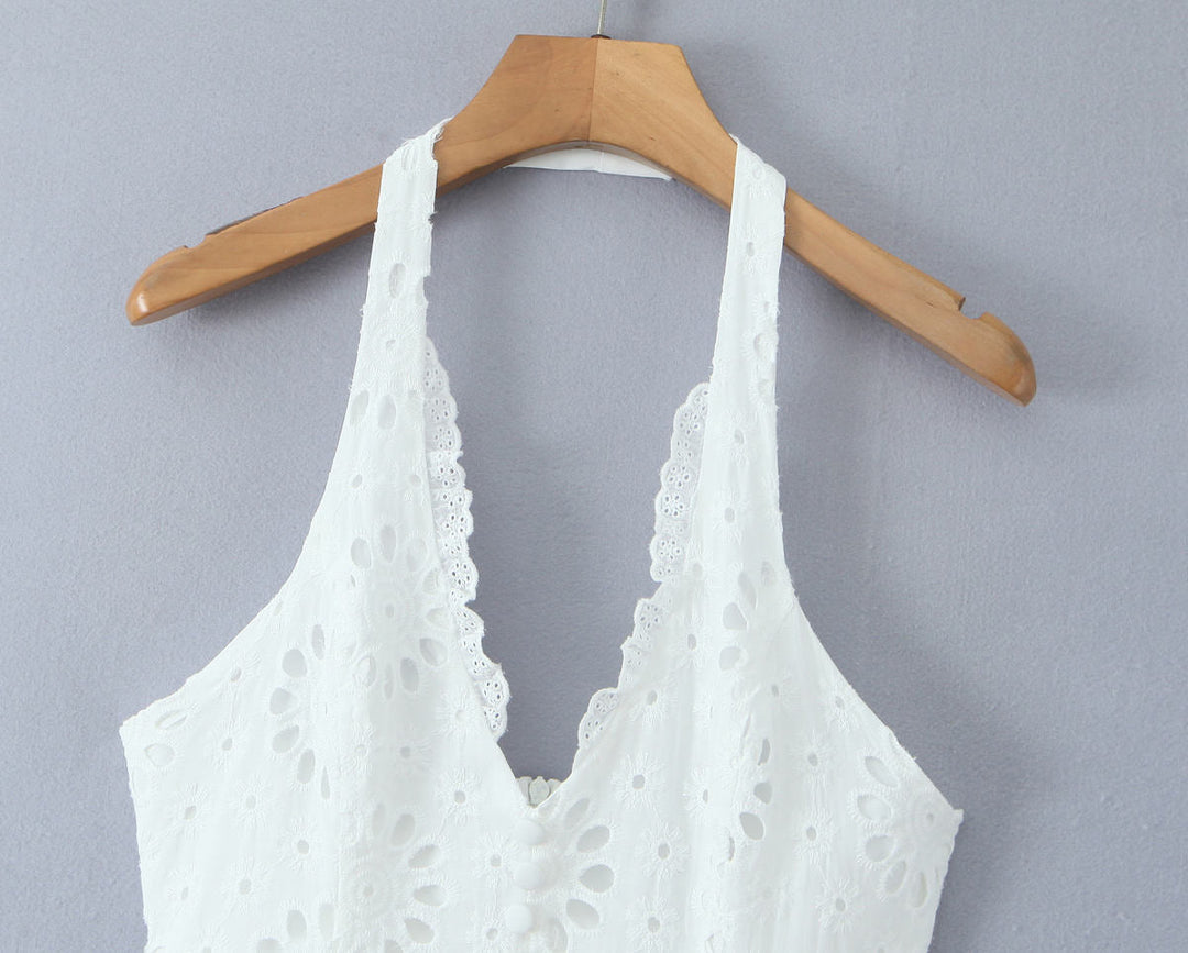 Holden Back Hollow Out White Embroidery Eyelet Sleeveless Halter Mini Dress