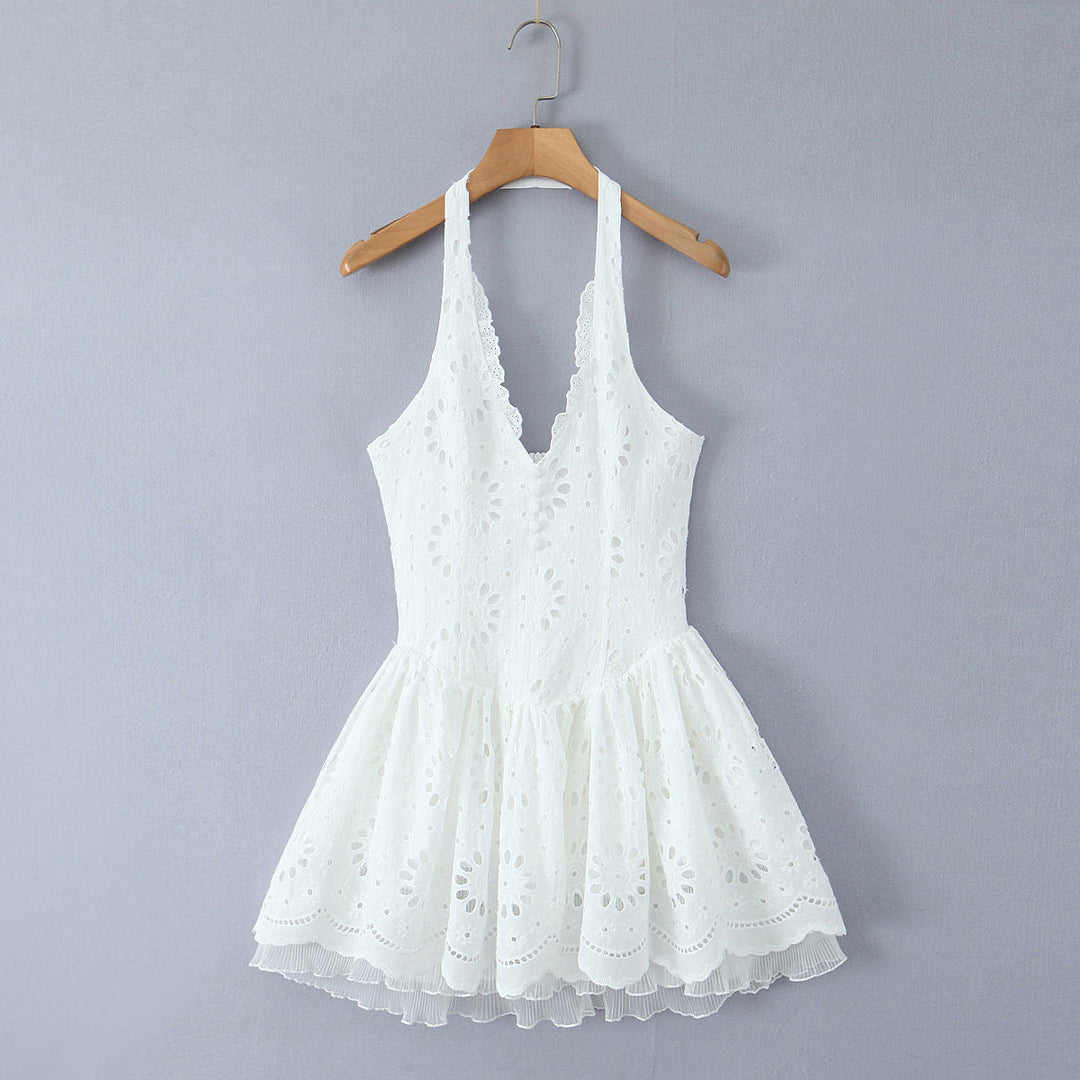 Holden Back Hollow Out White Embroidery Eyelet Sleeveless Halter Mini Dress