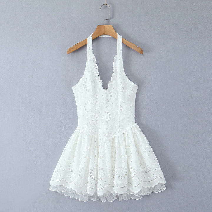 Holden Back Hollow Out White Embroidery Eyelet Sleeveless Halter Mini Dress