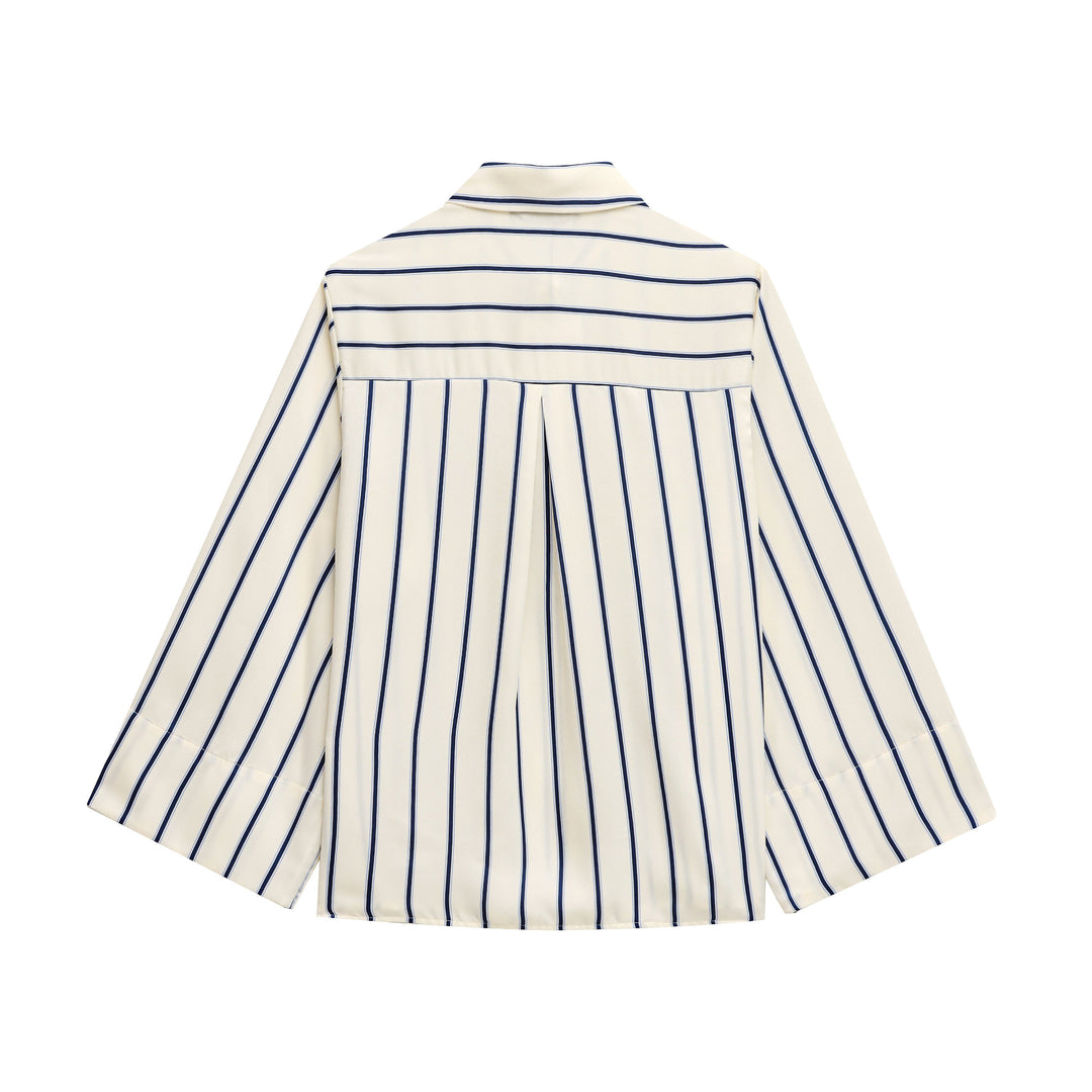 Judah Beige Blue Striped Turn Down Collar  Long Sleeve Casual Blouses