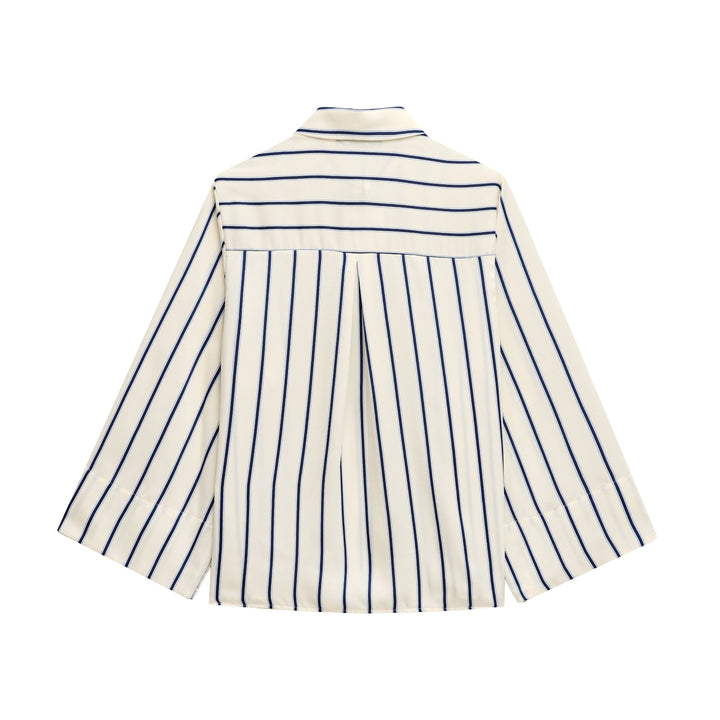 Judah Beige Blue Striped Turn Down Collar  Long Sleeve Casual Blouses