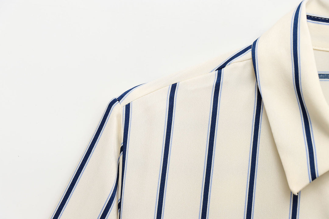 Judah Beige Blue Striped Turn Down Collar  Long Sleeve Casual Blouses