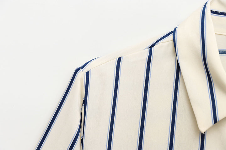 Judah Beige Blue Striped Turn Down Collar  Long Sleeve Casual Blouses