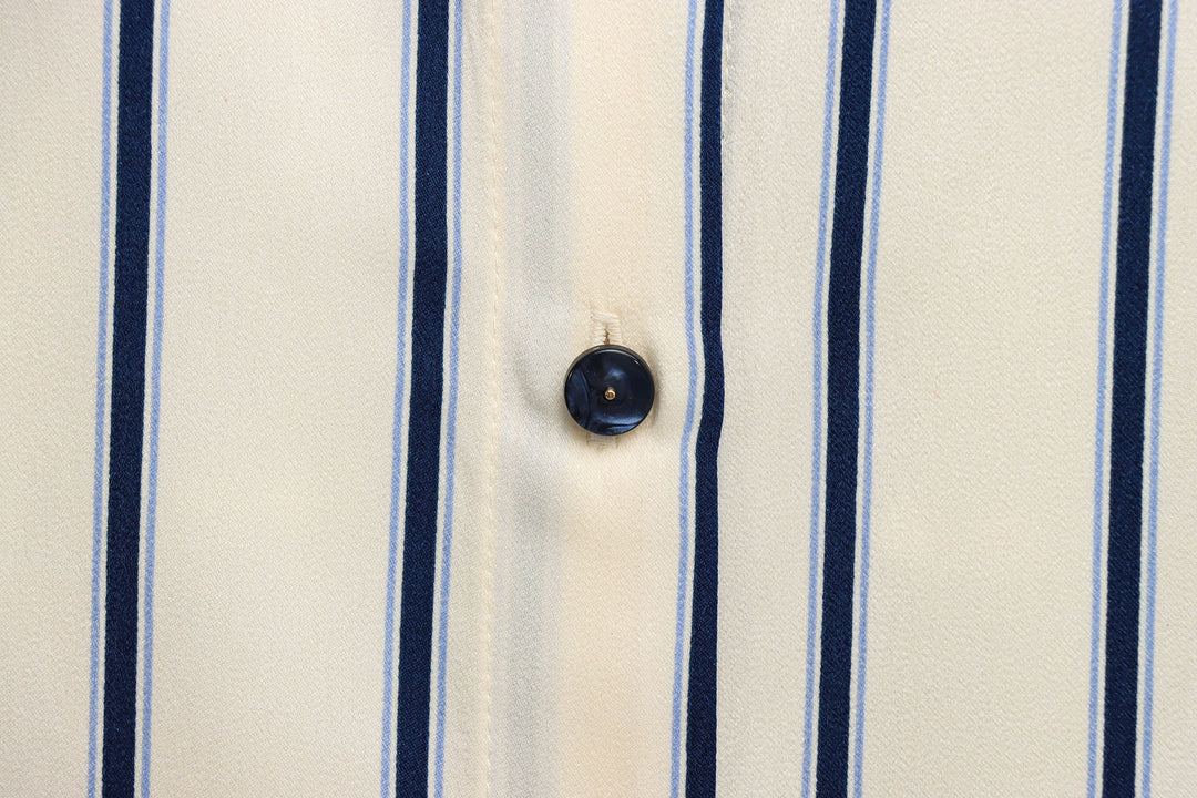 Judah Beige Blue Striped Turn Down Collar  Long Sleeve Casual Blouses