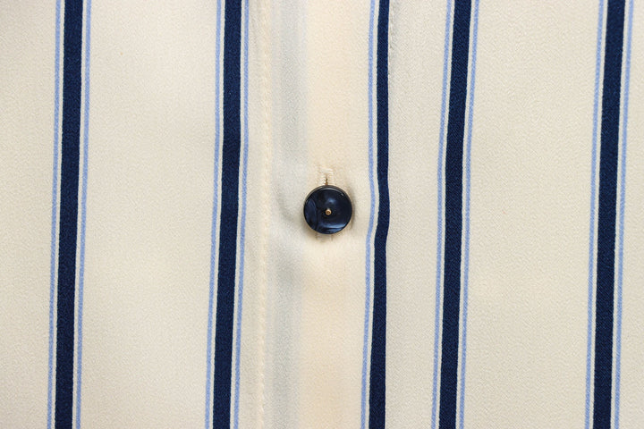 Judah Beige Blue Striped Turn Down Collar  Long Sleeve Casual Blouses