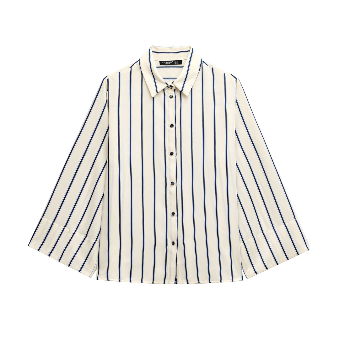 Judah Beige Blue Striped Turn Down Collar  Long Sleeve Casual Blouses