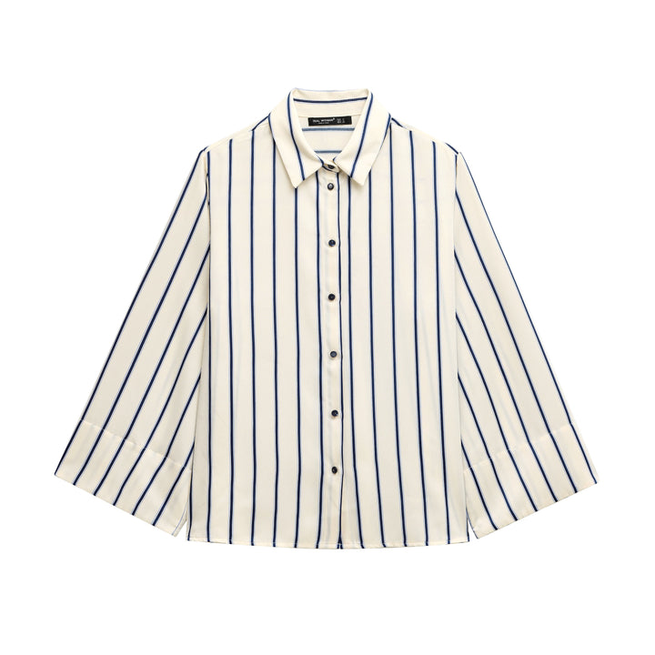 Judah Beige Blue Striped Turn Down Collar  Long Sleeve Casual Blouses