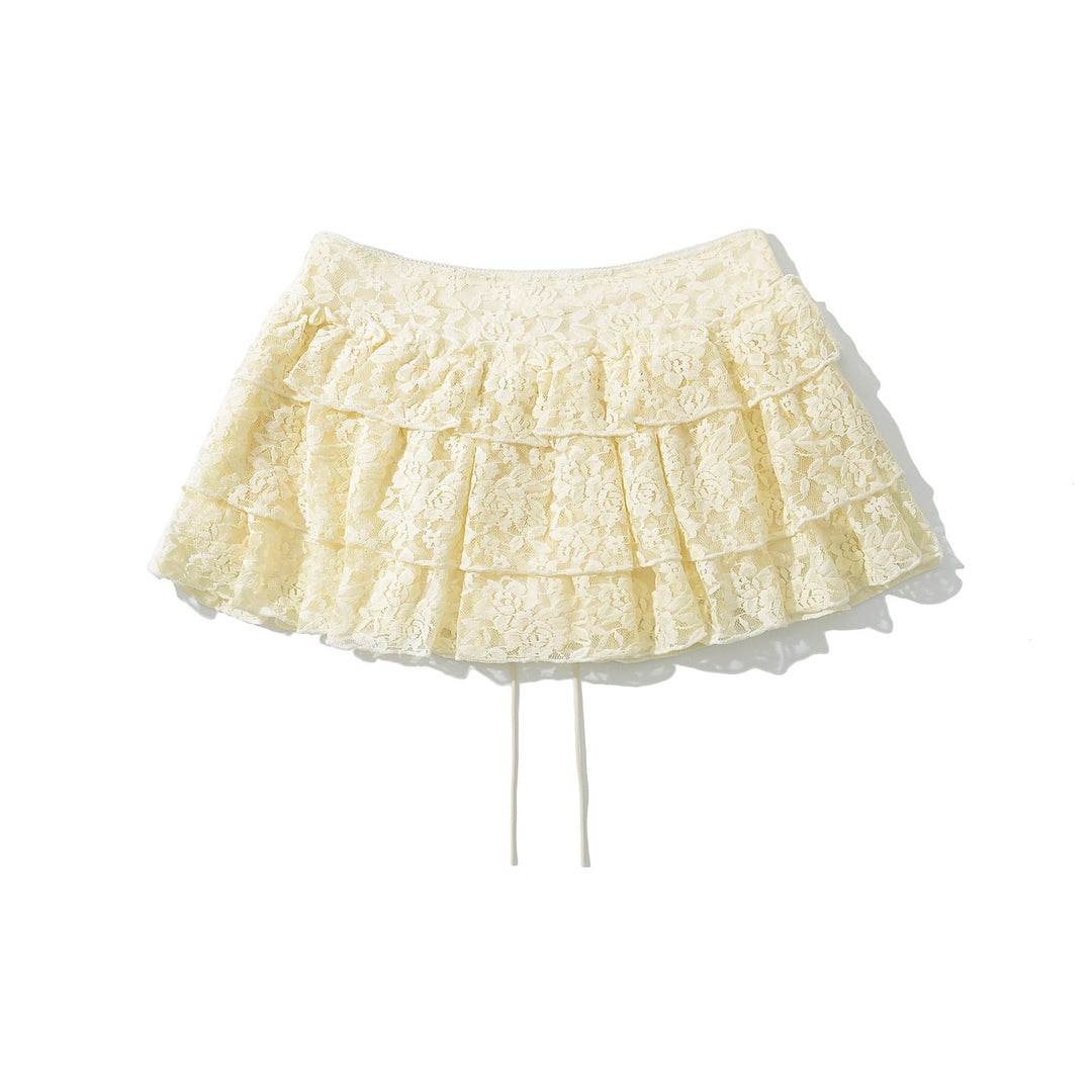 Rhett Yellow Front Lace Up Floral Lace Mini Skirt