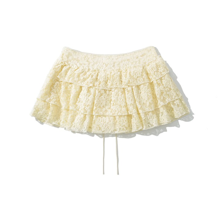 Rhett Yellow Front Lace Up Floral Lace Mini Skirt