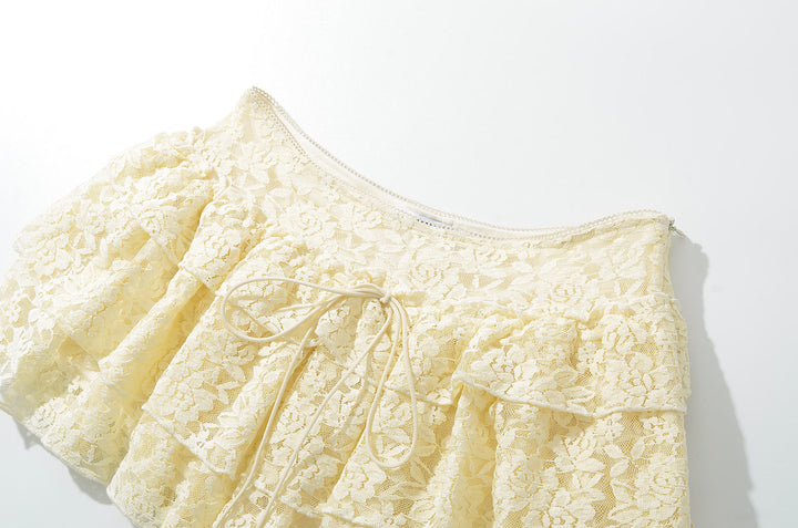 Rhett Yellow Front Lace Up Floral Lace Mini Skirt