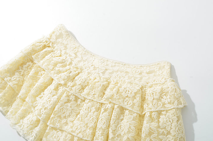Rhett Yellow Front Lace Up Floral Lace Mini Skirt