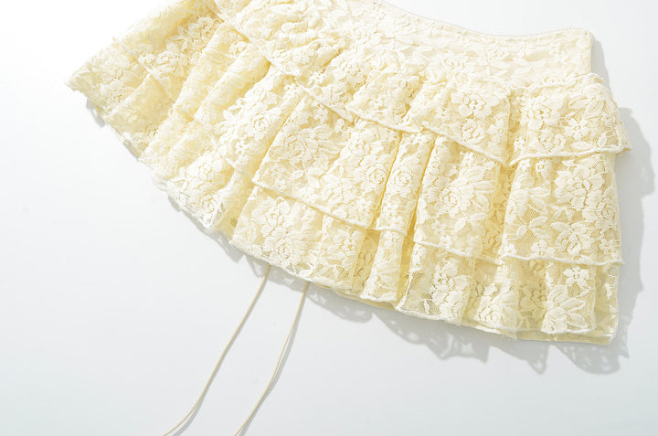 Rhett Yellow Front Lace Up Floral Lace Mini Skirt