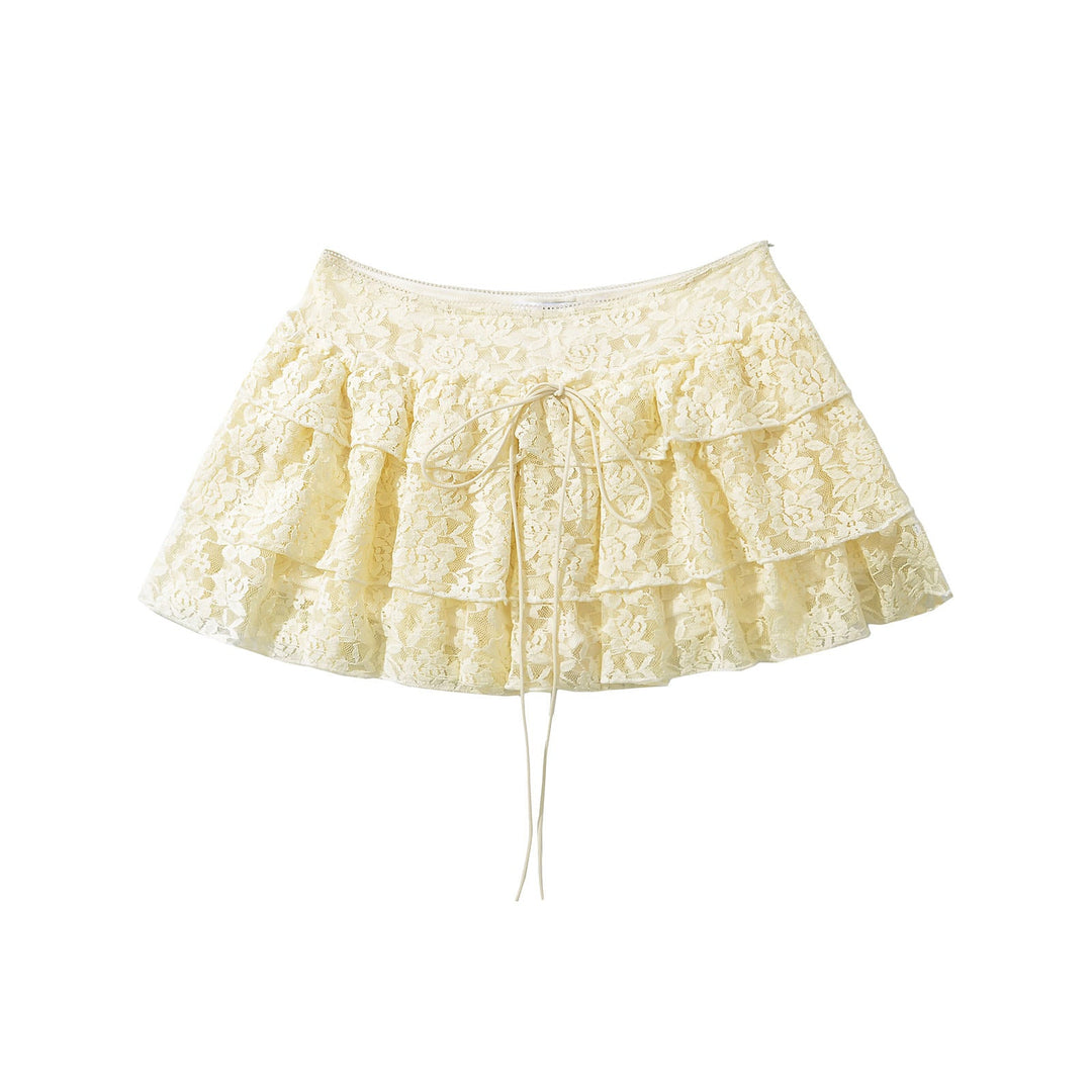 Rhett Yellow Front Lace Up Floral Lace Mini Skirt