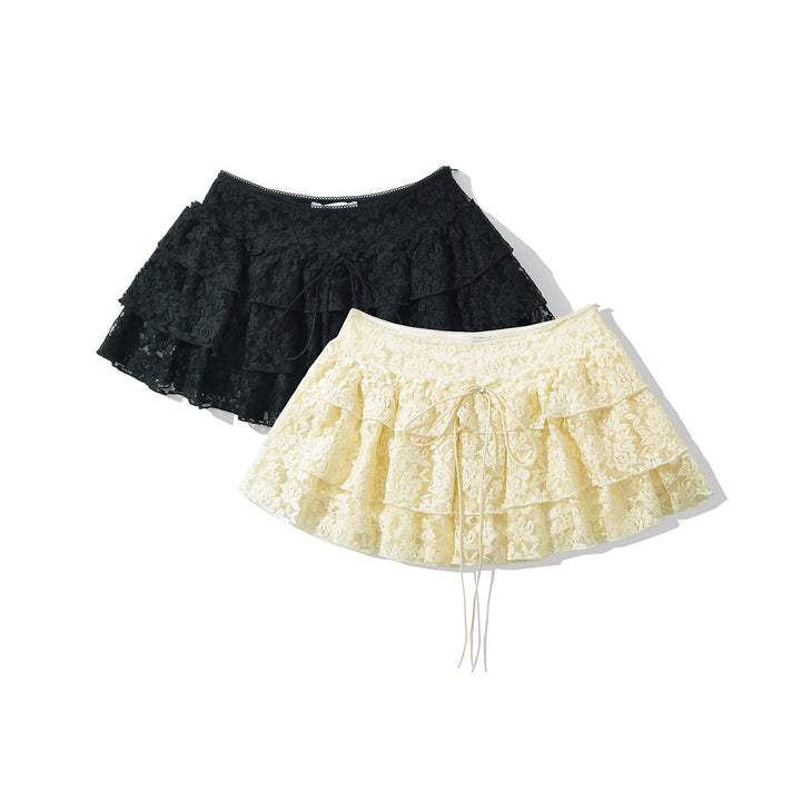 Rhett Black Front Lace Up Floral Lace Mini Skirt