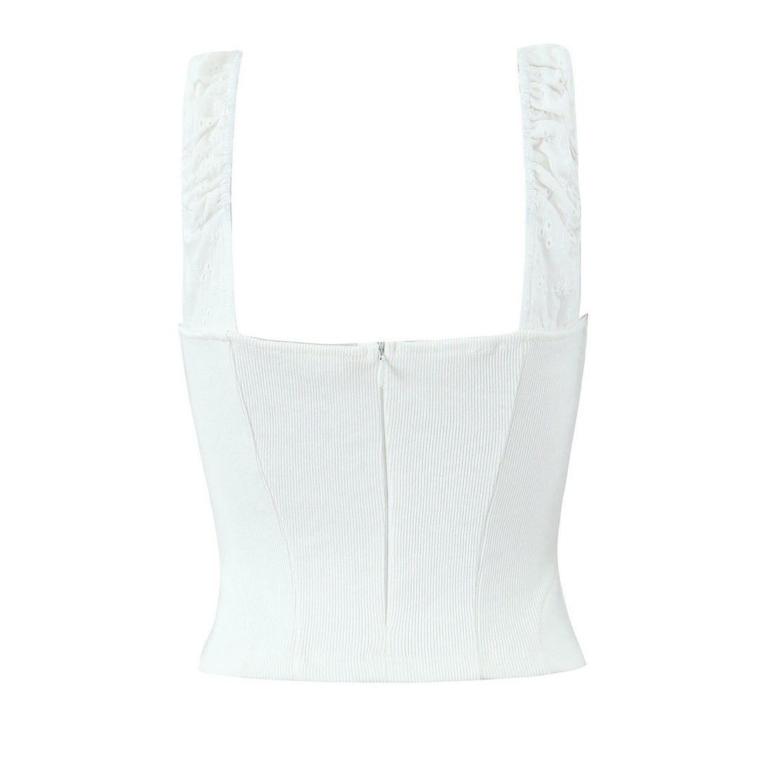 Elian White Embroided Front Lace Up Tank Tops