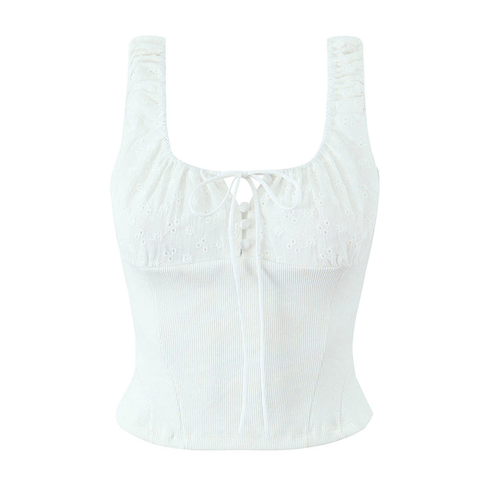 Elian White Embroided Front Lace Up Tank Tops