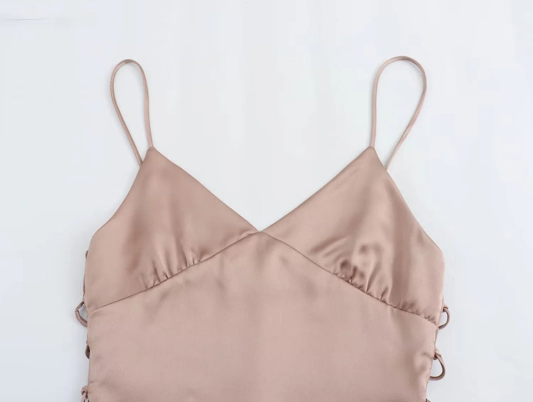 Saanvi Nude Pink Spaghetti Strap Side Lace Up Crop Tank Top
