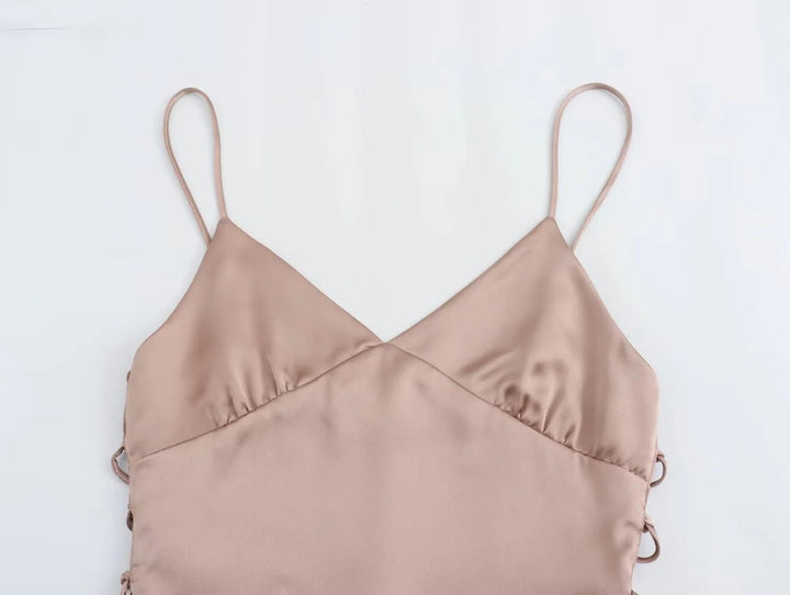 Saanvi Nude Pink Spaghetti Strap Side Lace Up Crop Tank Top